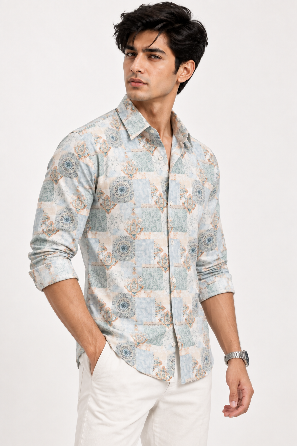 SALLT Men's White & Green Printed Self Design Shirt - Full Sleeves - Slim Fit