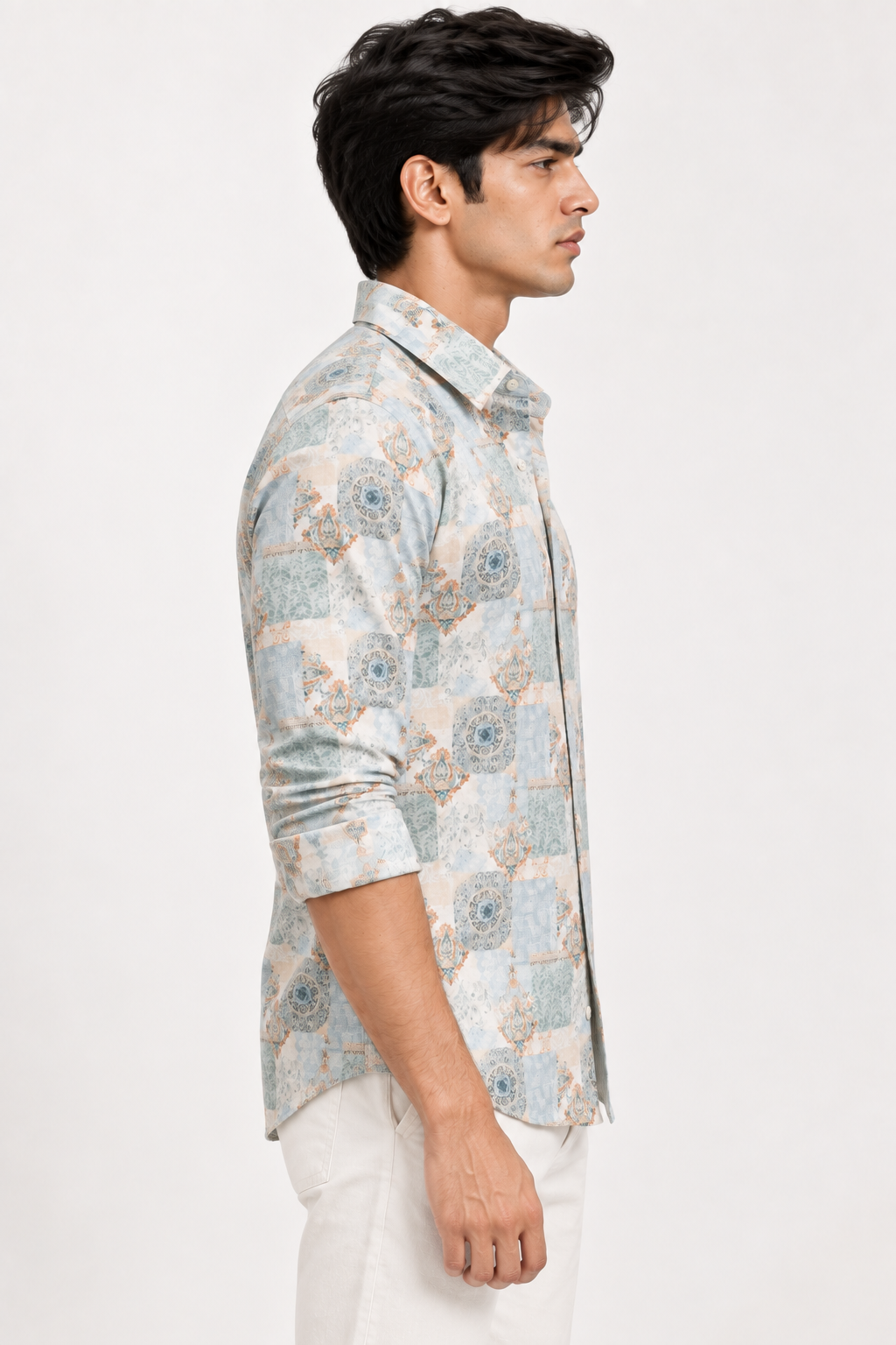 SALLT Men's White & Green Printed Self Design Shirt - Full Sleeves - Slim Fit