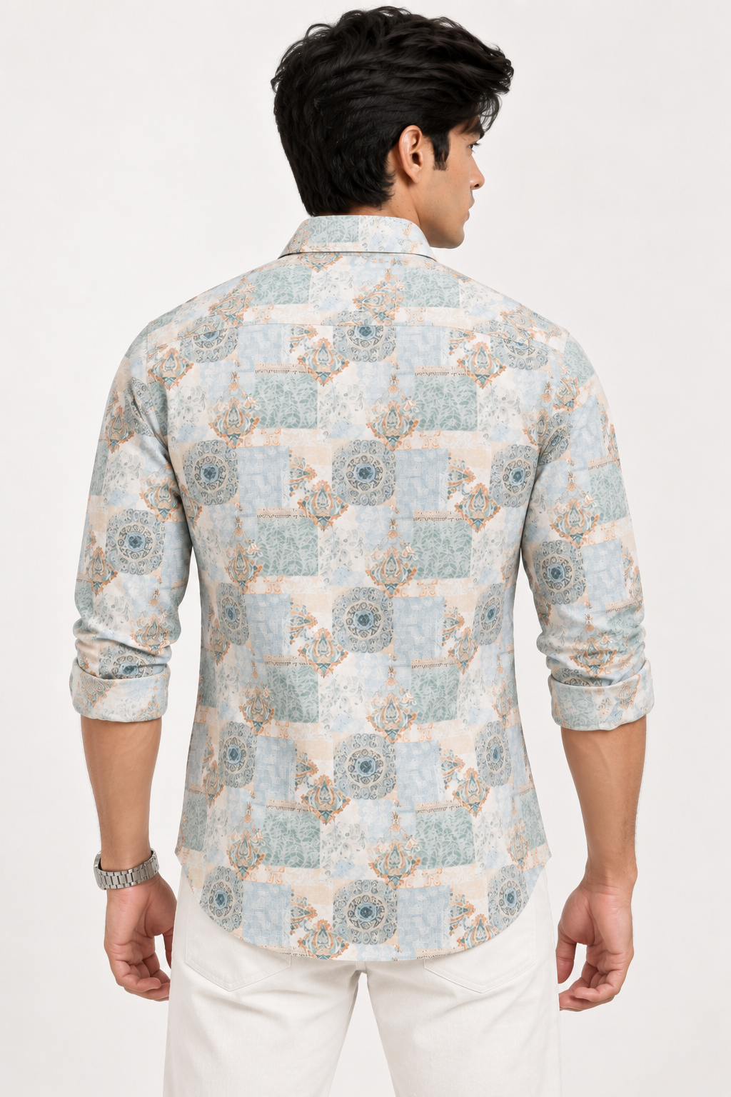 SALLT Men's White & Green Printed Self Design Shirt - Full Sleeves - Slim Fit