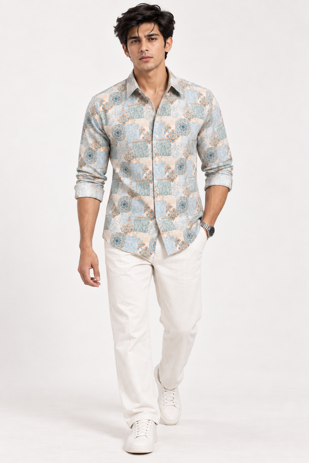 SALLT Men's White & Green Printed Self Design Shirt - Full Sleeves - Slim Fit