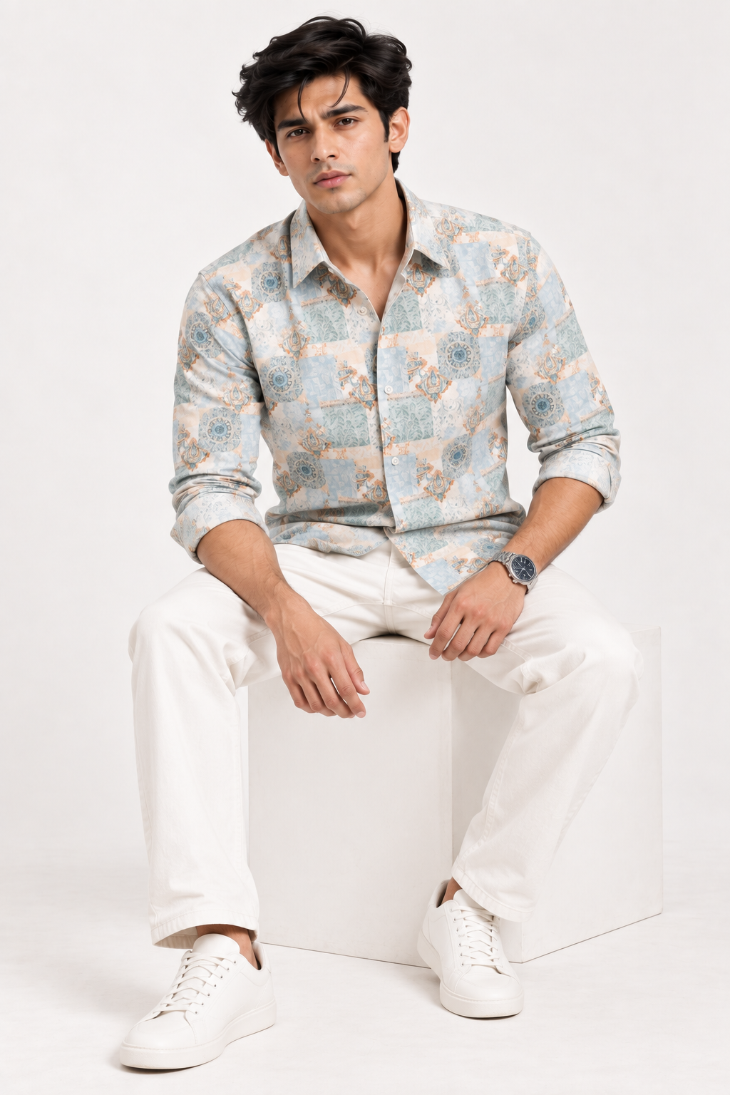 SALLT Men's White & Green Printed Self Design Shirt - Full Sleeves - Slim Fit