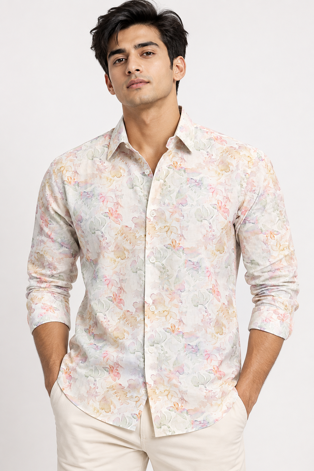 SALLT Men's White Multicolour Printed Self Design Shirt - Full Sleeves - Slim Fit
