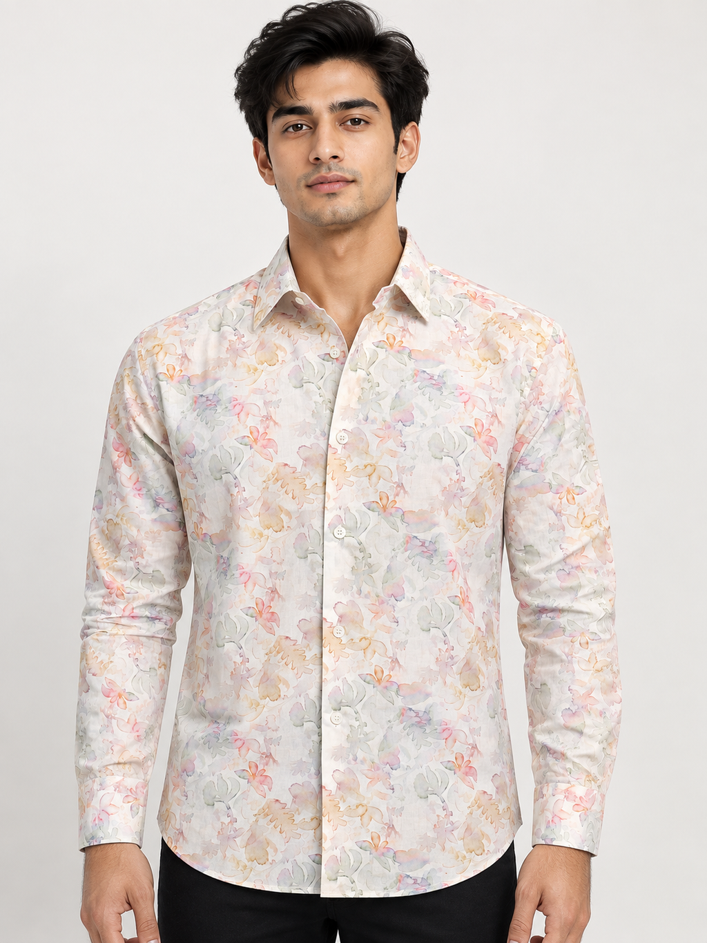 SALLT Men's White Multicolour Printed Self Design Shirt - Full Sleeves - Slim Fit