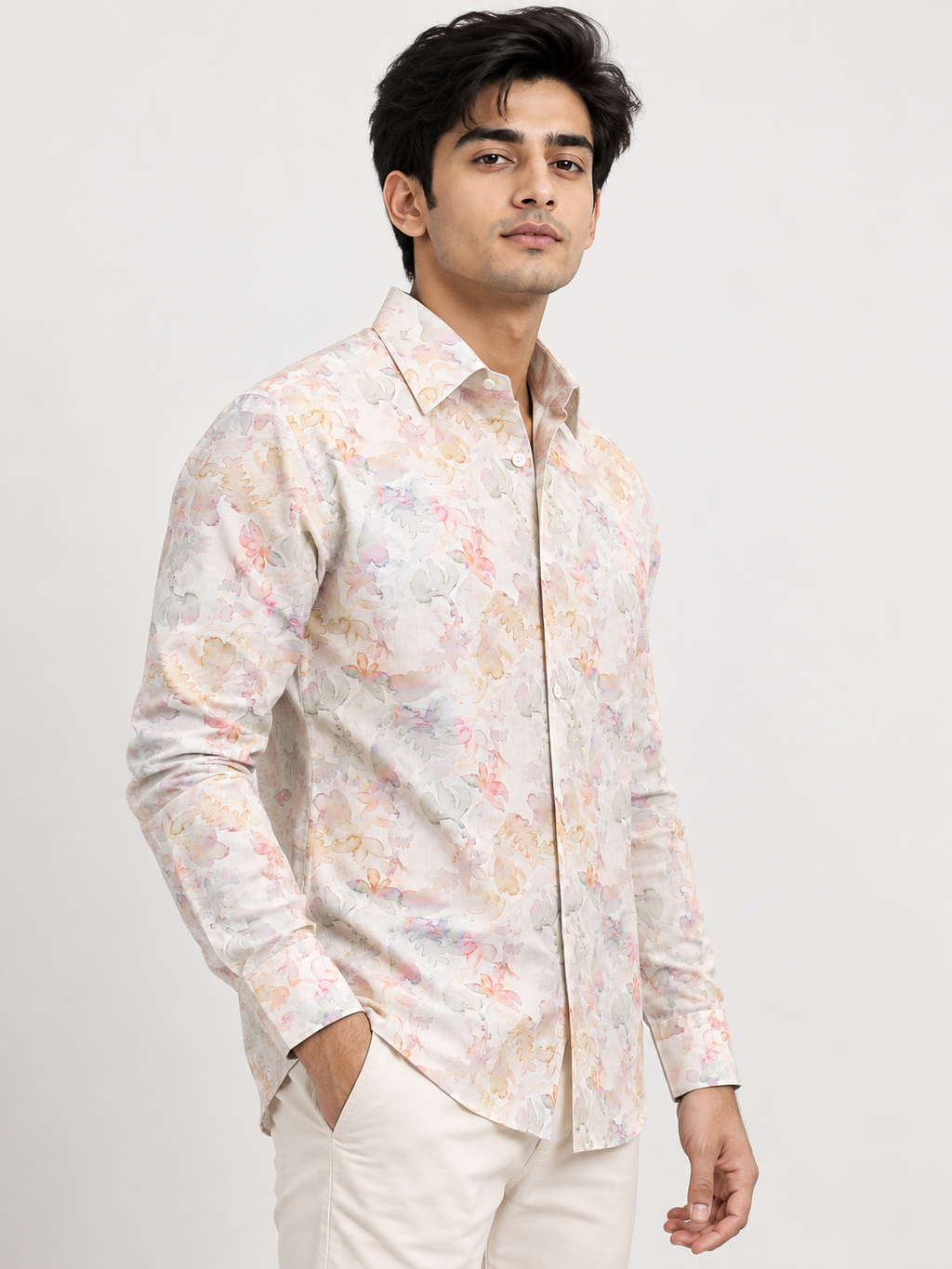SALLT Men's White Multicolour Printed Self Design Shirt - Full Sleeves - Slim Fit