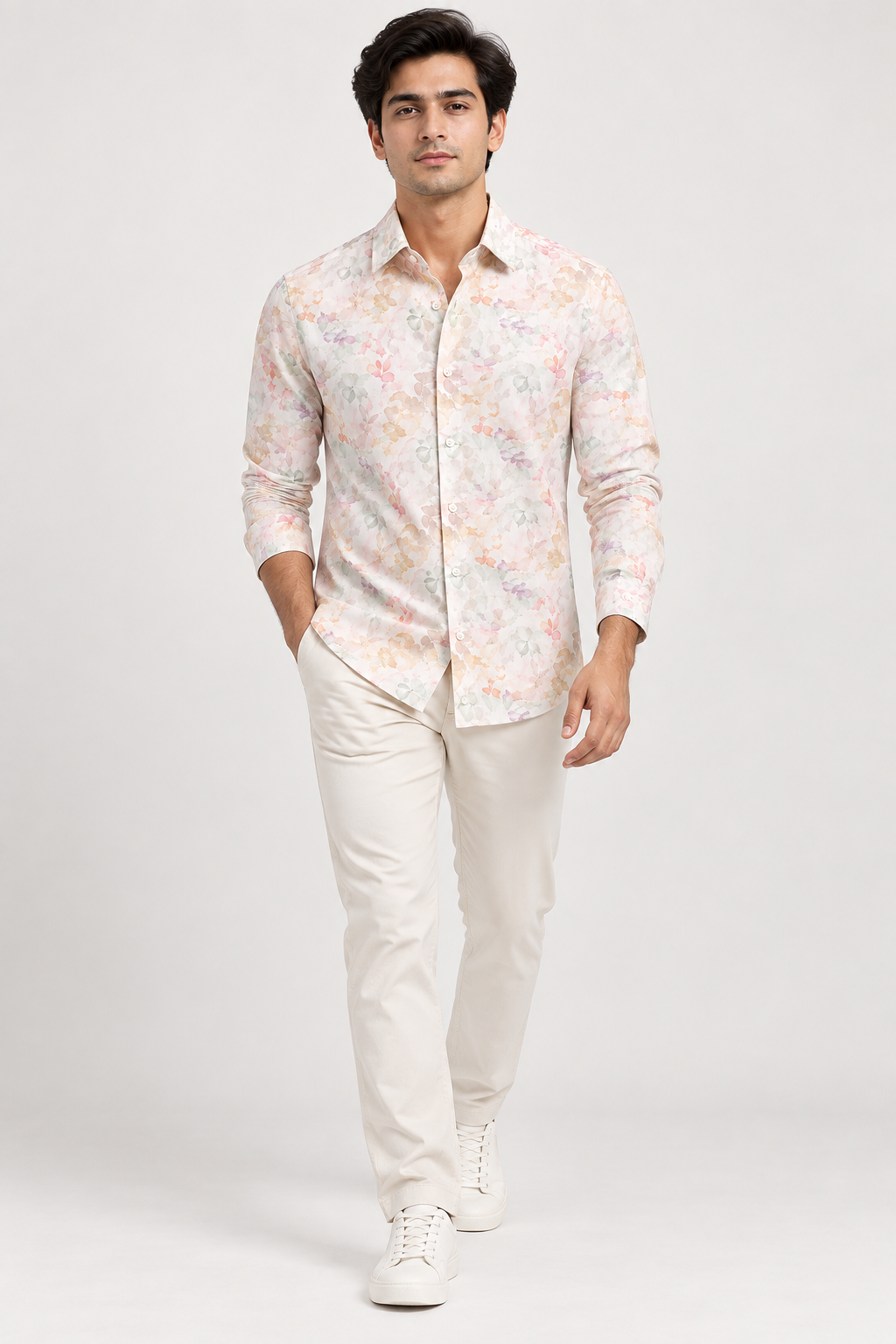 SALLT Men's White Multicolour Printed Self Design Shirt - Full Sleeves - Slim Fit