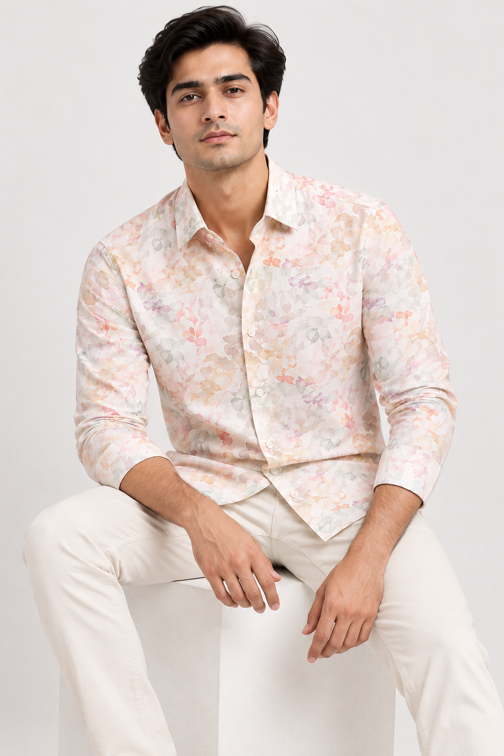 SALLT Men's White Multicolour Printed Self Design Shirt - Full Sleeves - Slim Fit