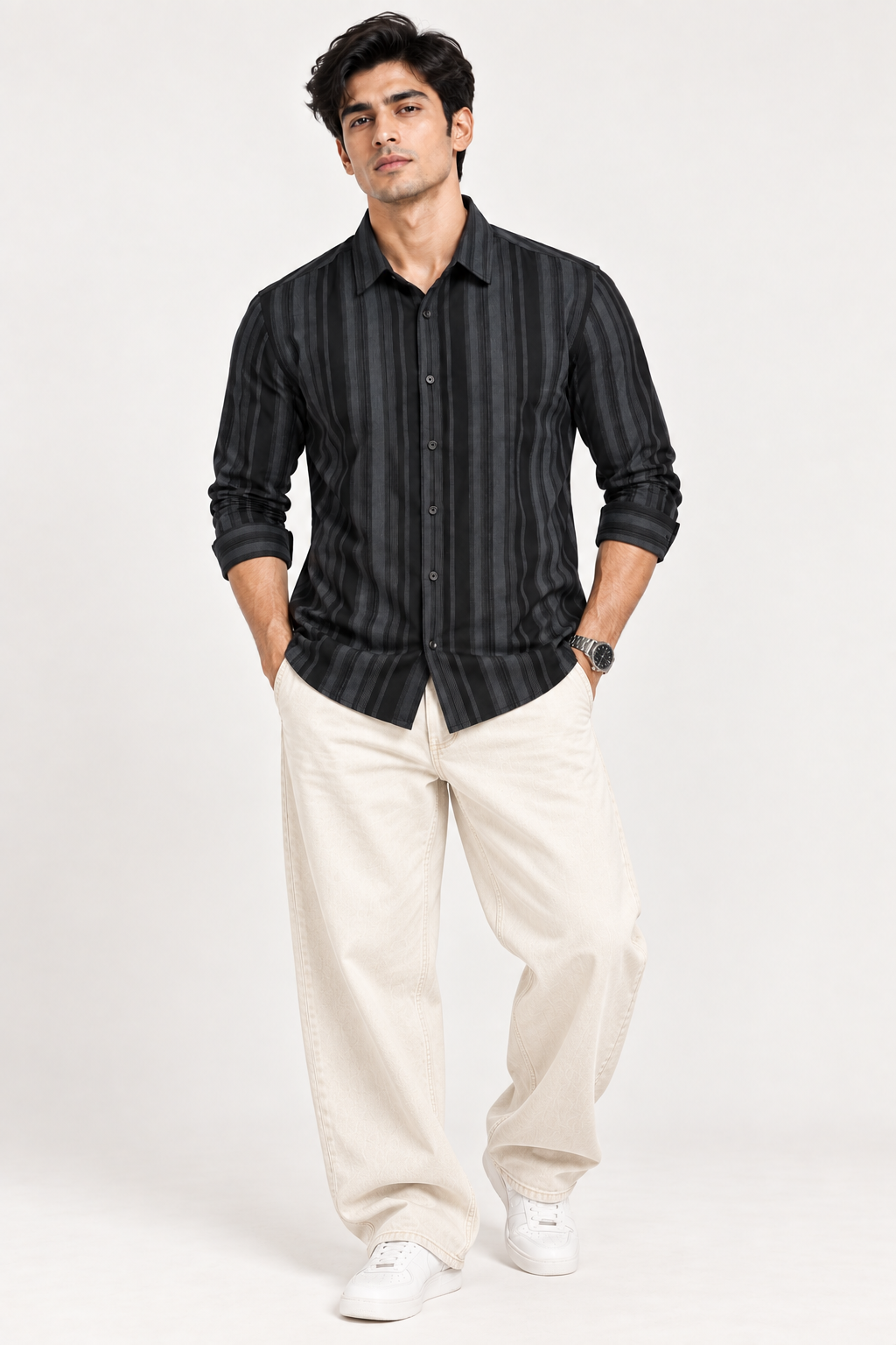 SALLT Men's Black & Grey Classic Texture Cotton Shirt - Full Sleeves - Slim Fit