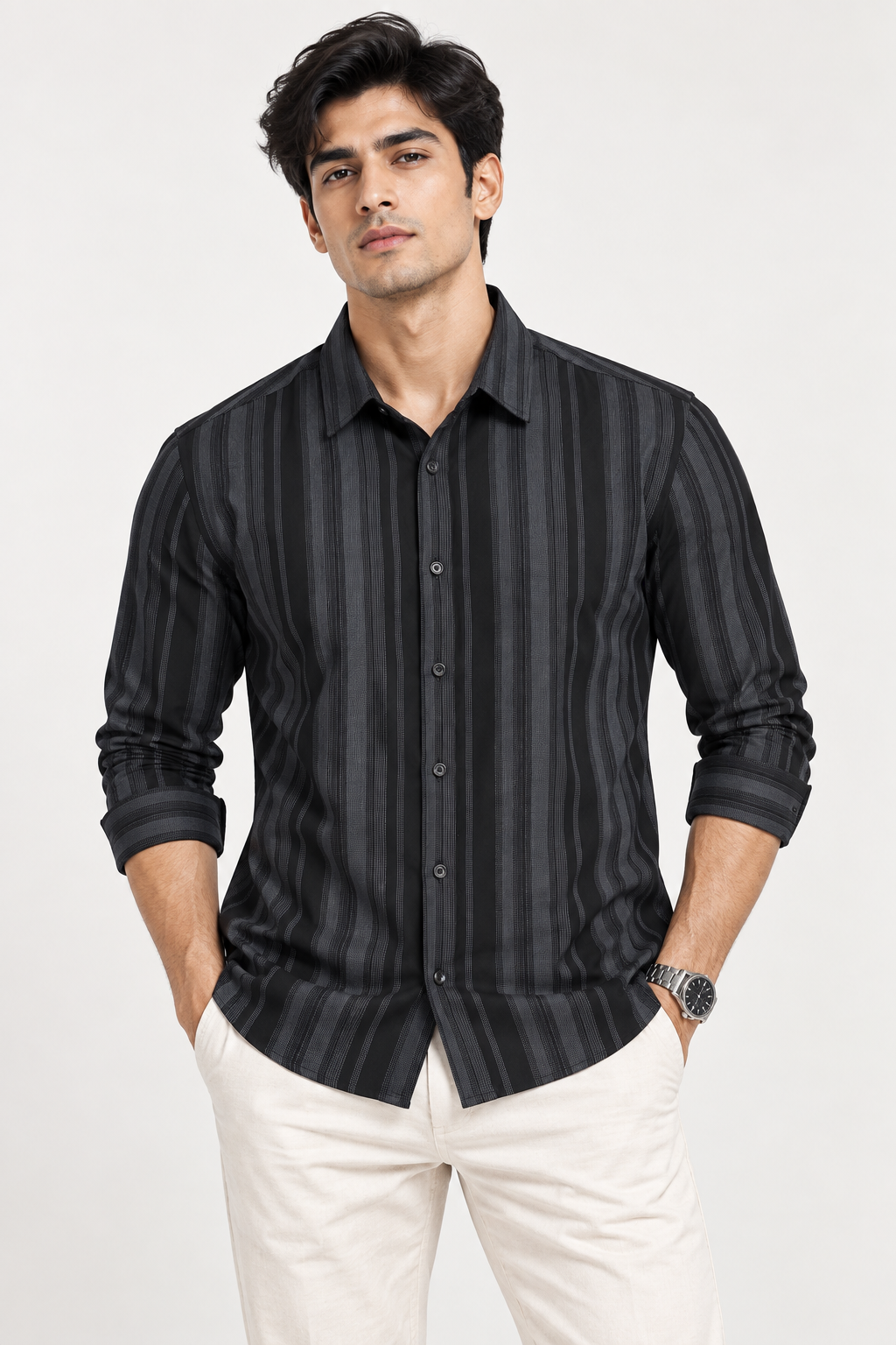 SALLT Men's Black & Grey Classic Texture Cotton Shirt - Full Sleeves - Slim Fit
