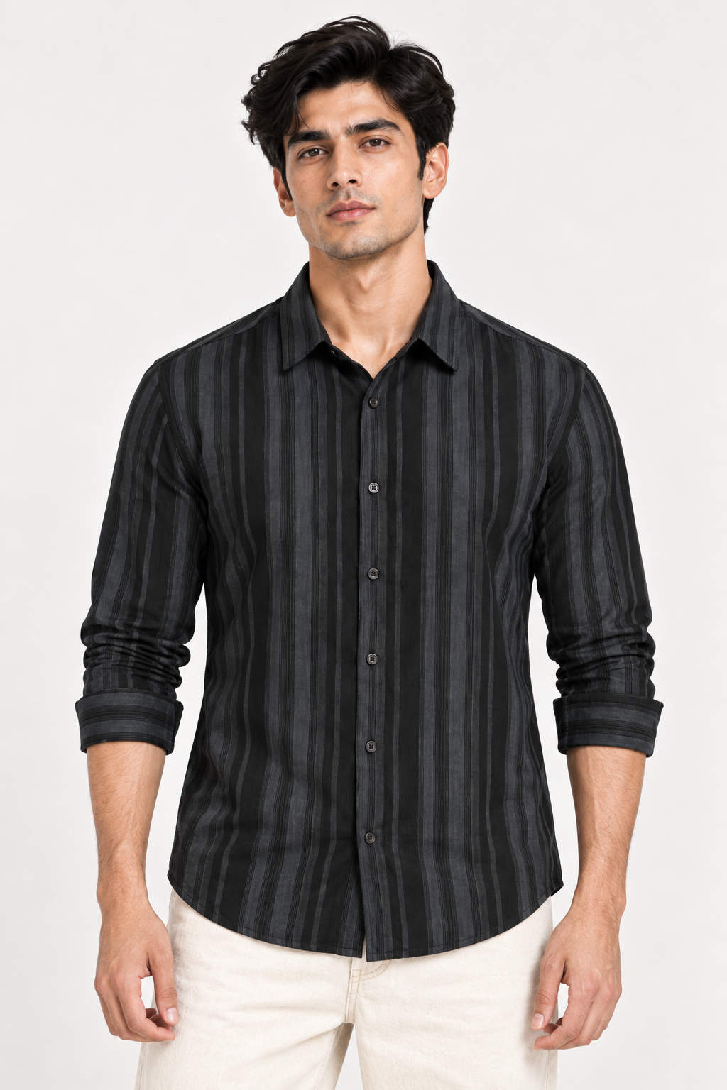 SALLT Men's Black & Grey Classic Texture Cotton Shirt - Full Sleeves - Slim Fit