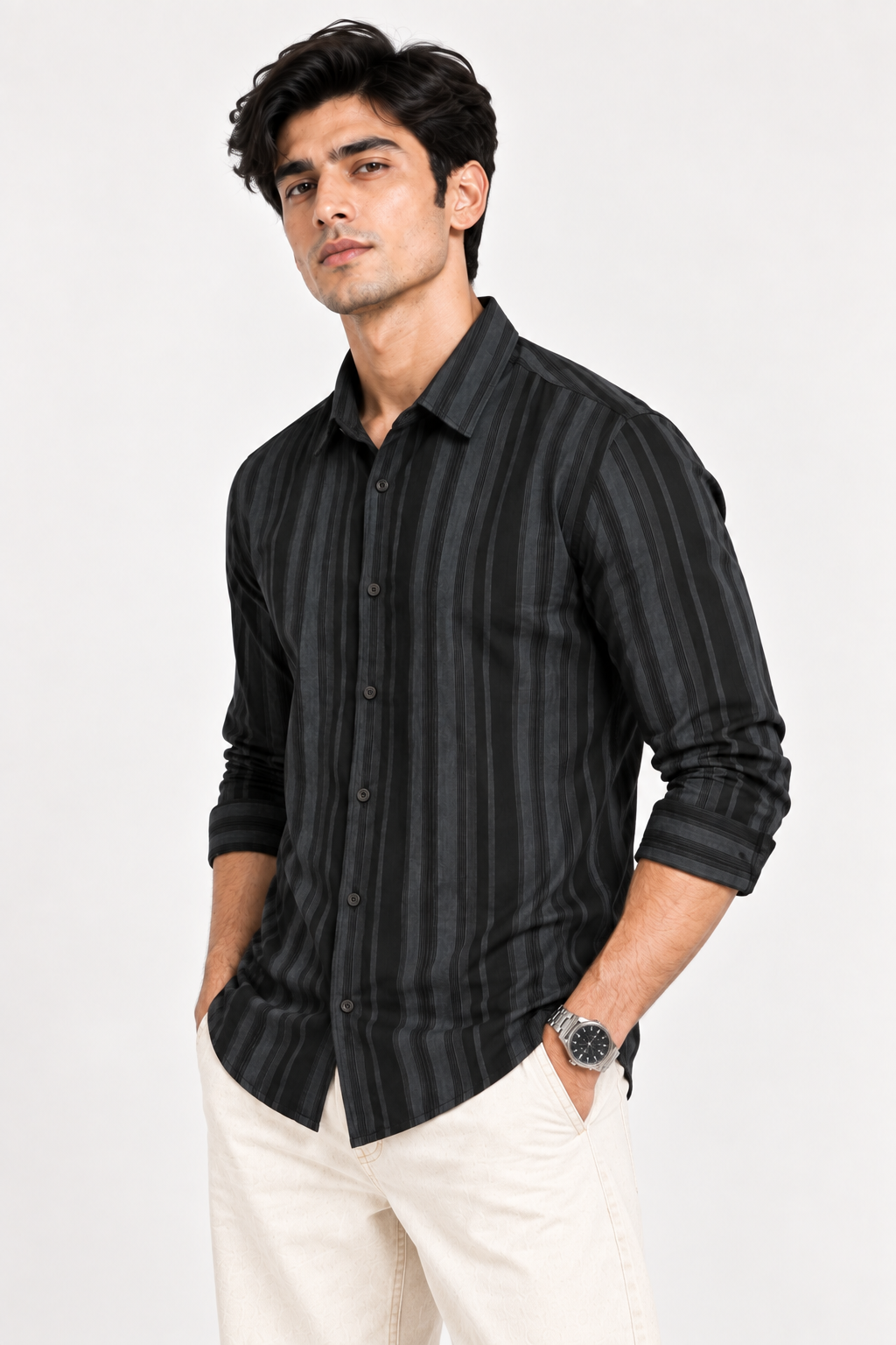 SALLT Men's Black & Grey Classic Texture Cotton Shirt - Full Sleeves - Slim Fit