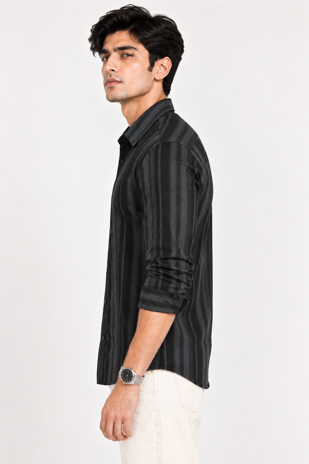 SALLT Men's Black & Grey Classic Texture Cotton Shirt - Full Sleeves - Slim Fit