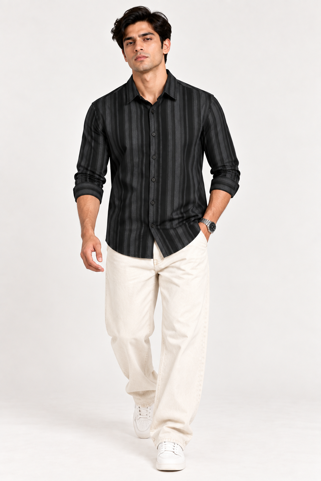 SALLT Men's Black & Grey Classic Texture Cotton Shirt - Full Sleeves - Slim Fit