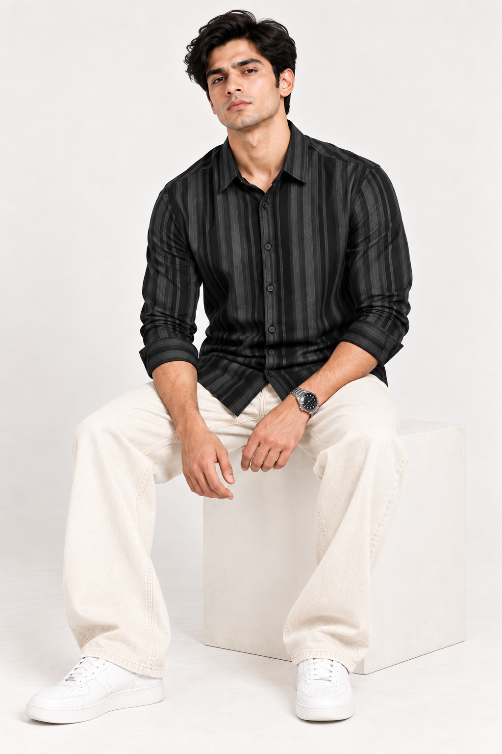 SALLT Men's Black & Grey Classic Texture Cotton Shirt - Full Sleeves - Slim Fit
