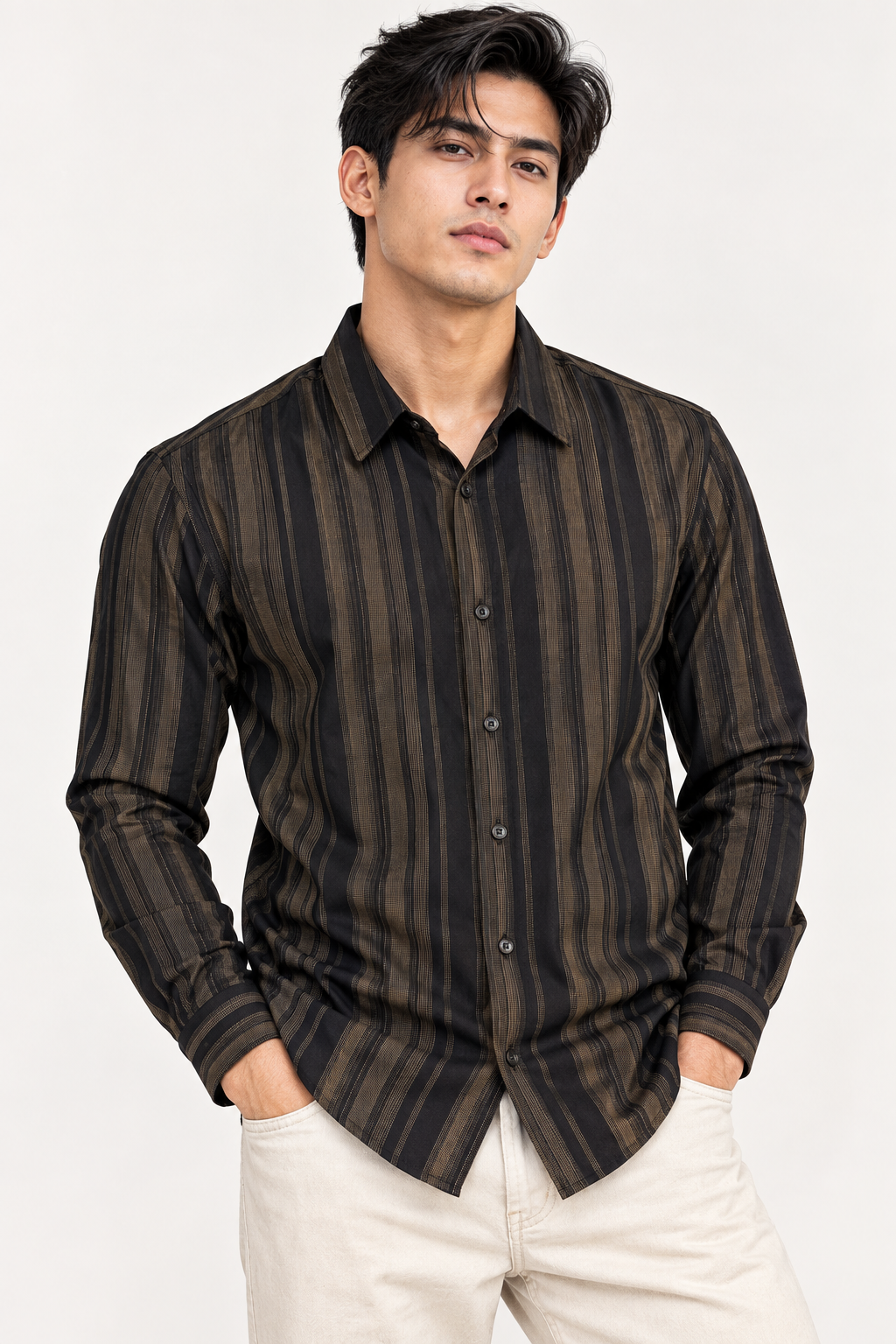 SALLT Men's Black & Brown Classic Texture Cotton Shirt - Full Sleeves - Slim Fit