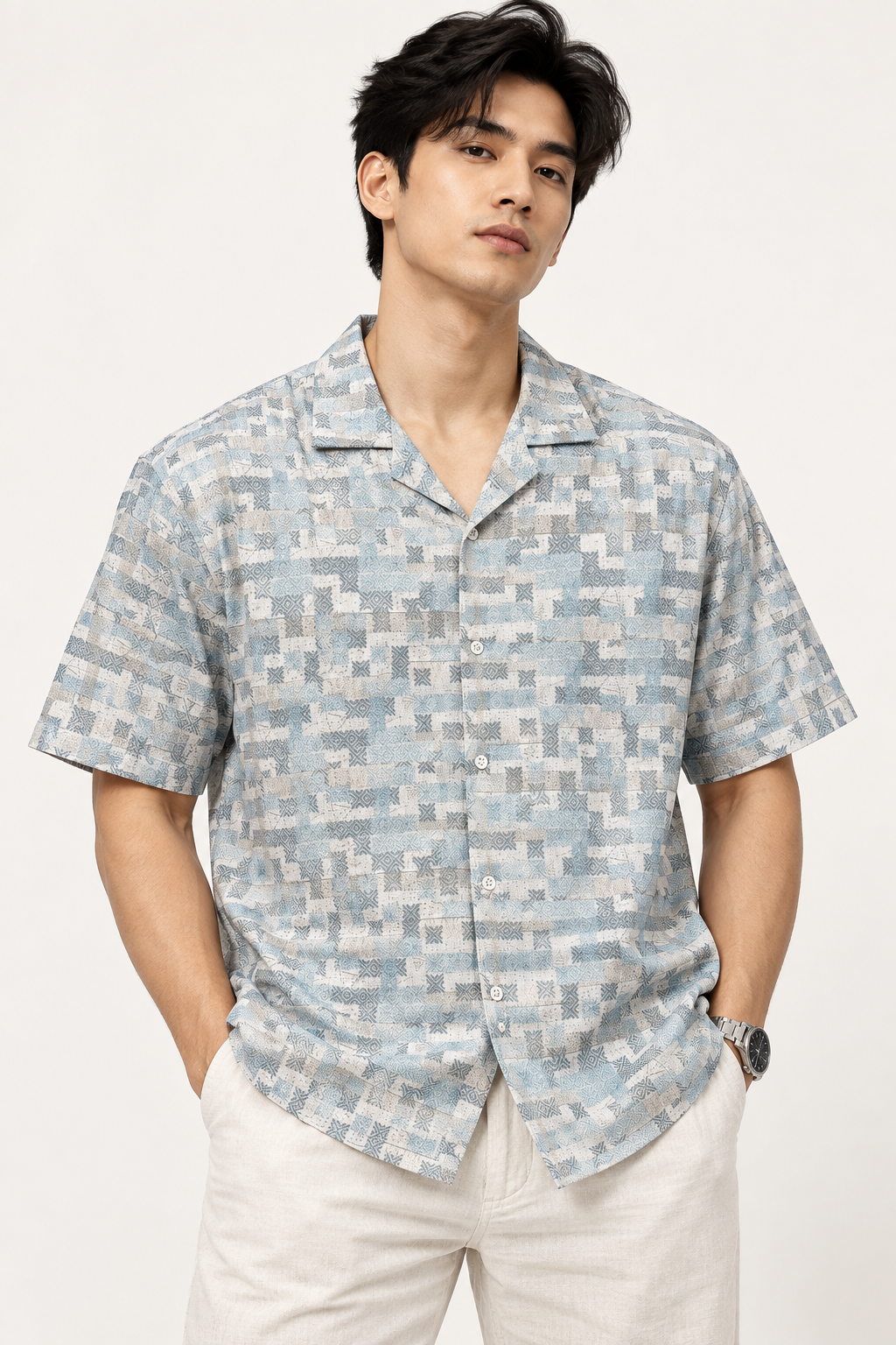 SALLT Men's White Printed Self Design Shirt - Half Sleeves-Oversized