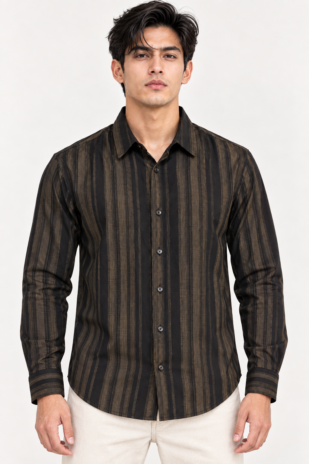 SALLT Men's Black & Brown Classic Texture Cotton Shirt - Full Sleeves - Slim Fit