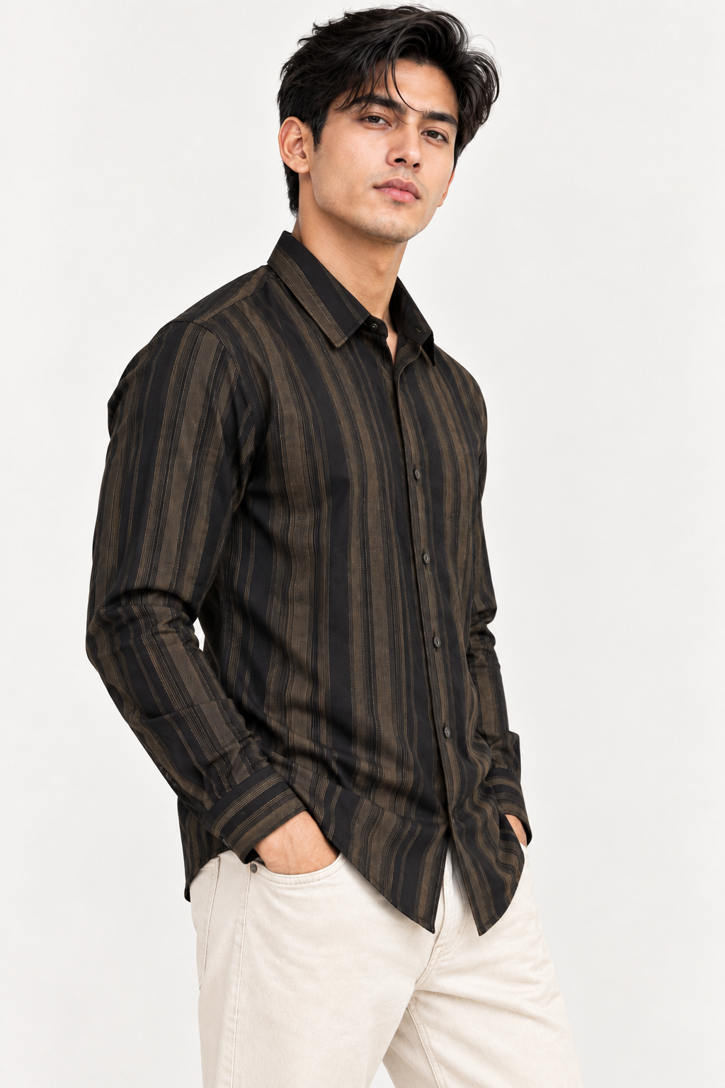 SALLT Men's Black & Brown Classic Texture Cotton Shirt - Full Sleeves - Slim Fit