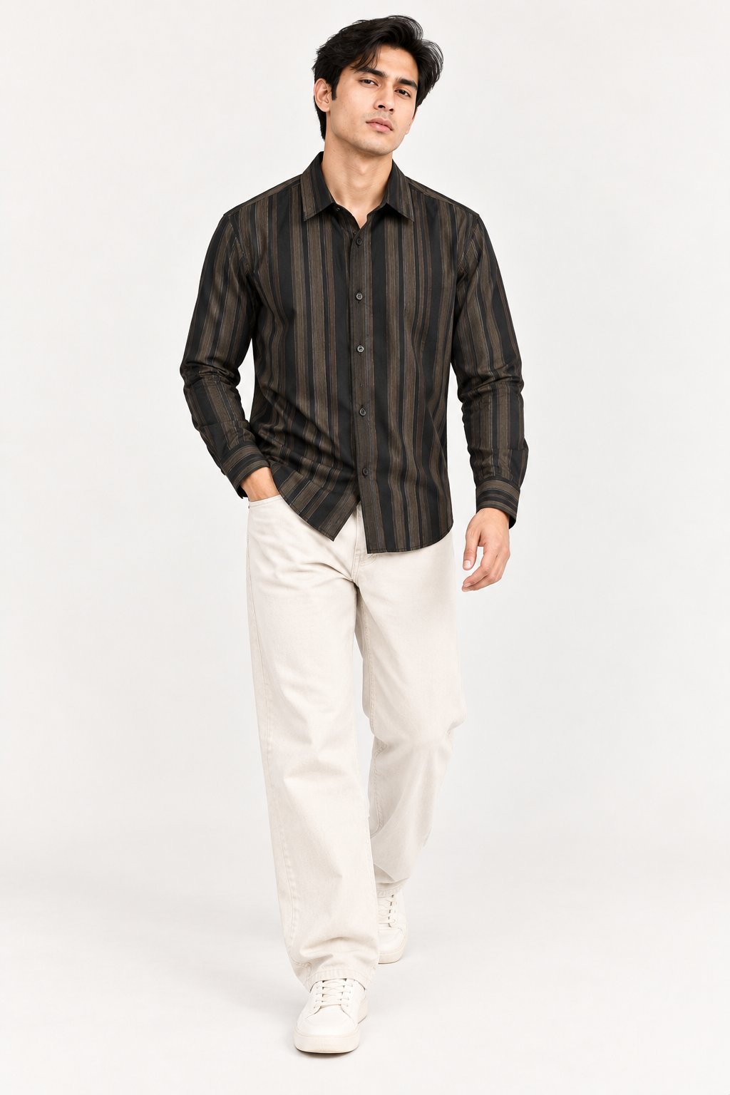 SALLT Men's Black & Brown Classic Texture Cotton Shirt - Full Sleeves - Slim Fit