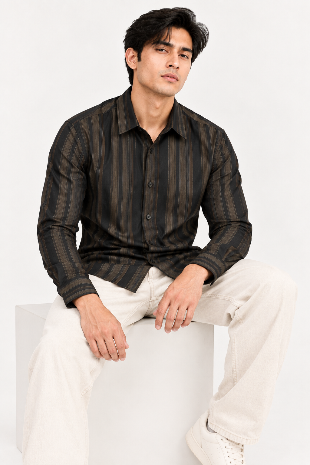 SALLT Men's Black & Brown Classic Texture Cotton Shirt - Full Sleeves - Slim Fit