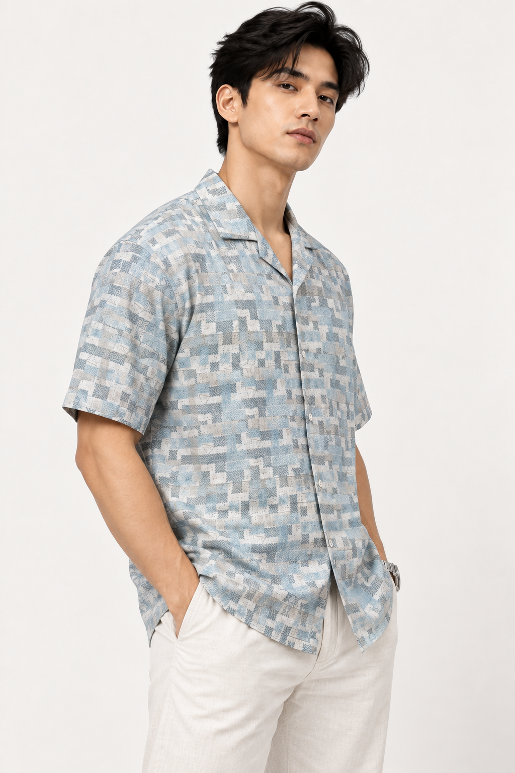 SALLT Men's White Printed Self Design Shirt - Half Sleeves-Oversized