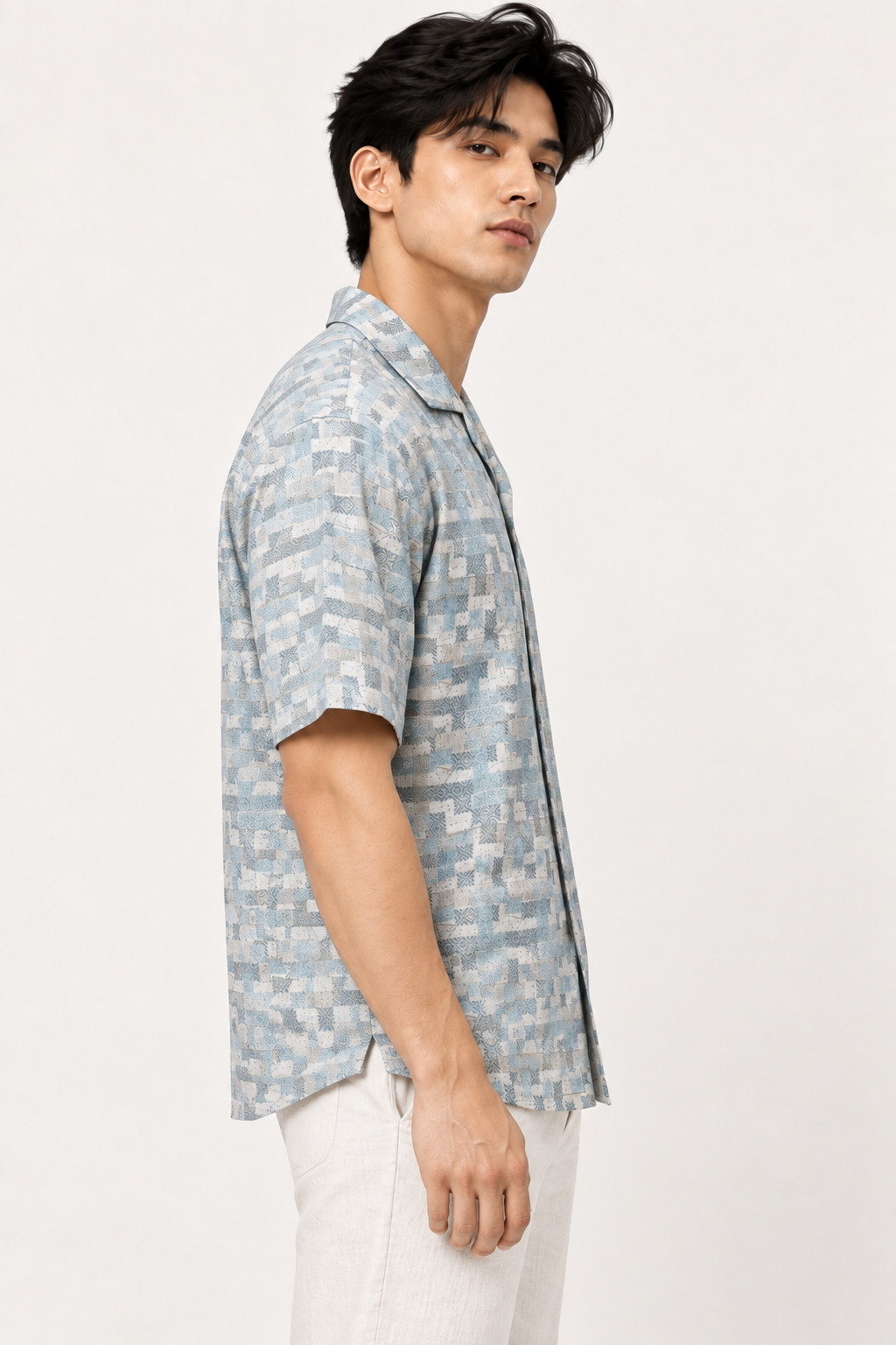 SALLT Men's White Printed Self Design Shirt - Half Sleeves-Oversized