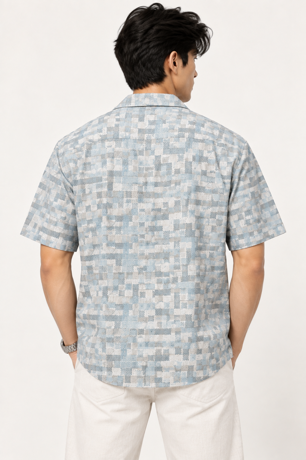 SALLT Men's White Printed Self Design Shirt - Half Sleeves-Oversized