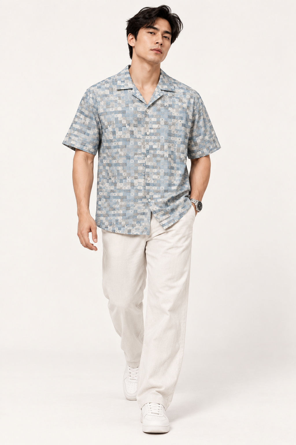 SALLT Men's White Printed Self Design Shirt - Half Sleeves-Oversized