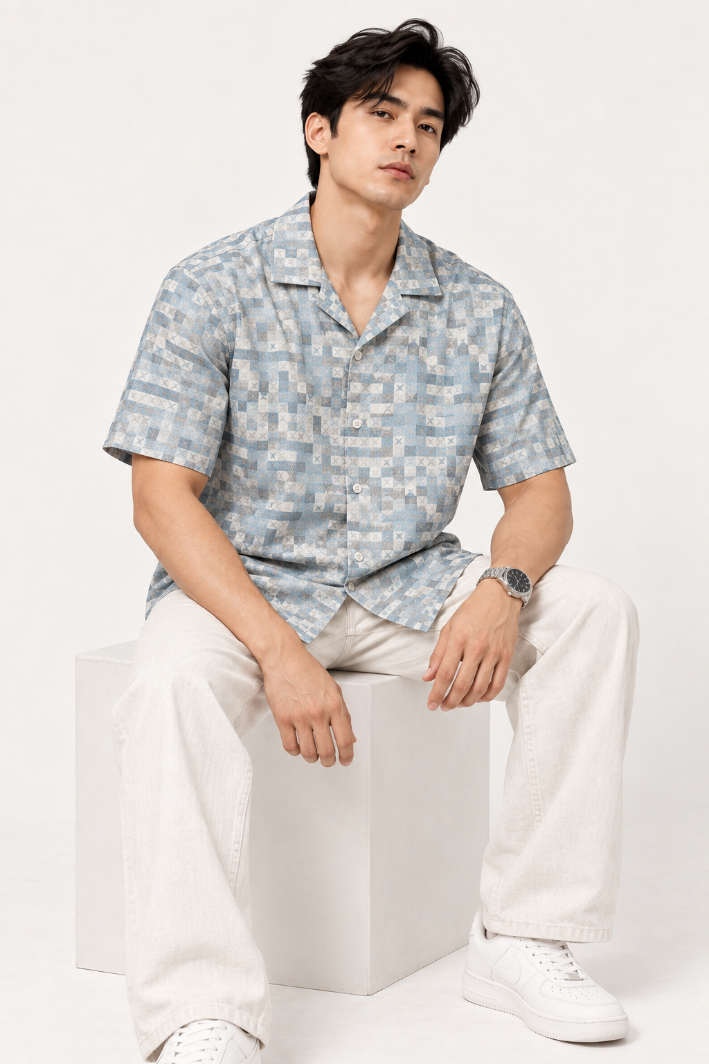 SALLT Men's White Printed Self Design Shirt - Half Sleeves-Oversized