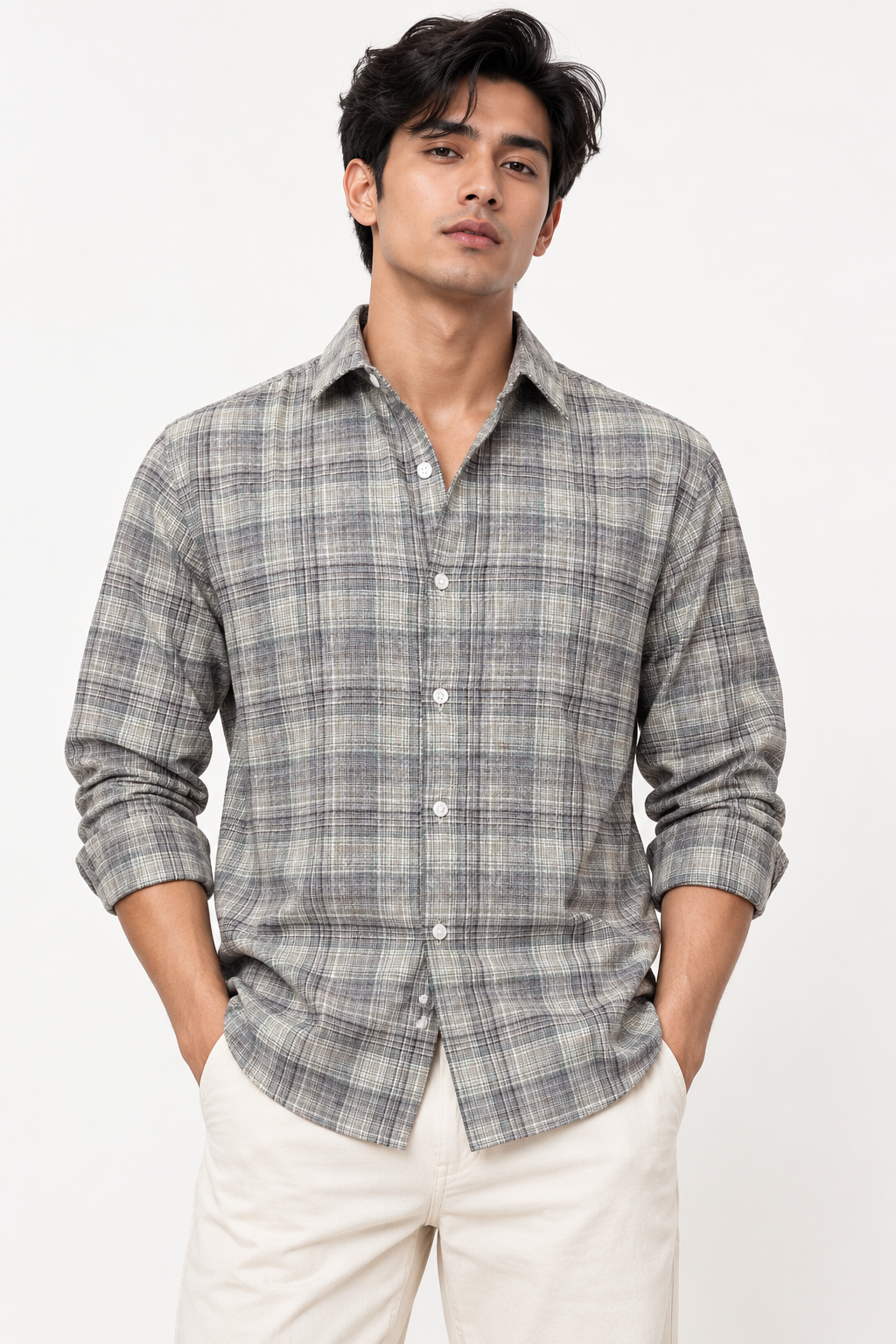 SALLT Men's Grey Textured Cotton Premium Shirt - Full Sleeves - Slim Fit