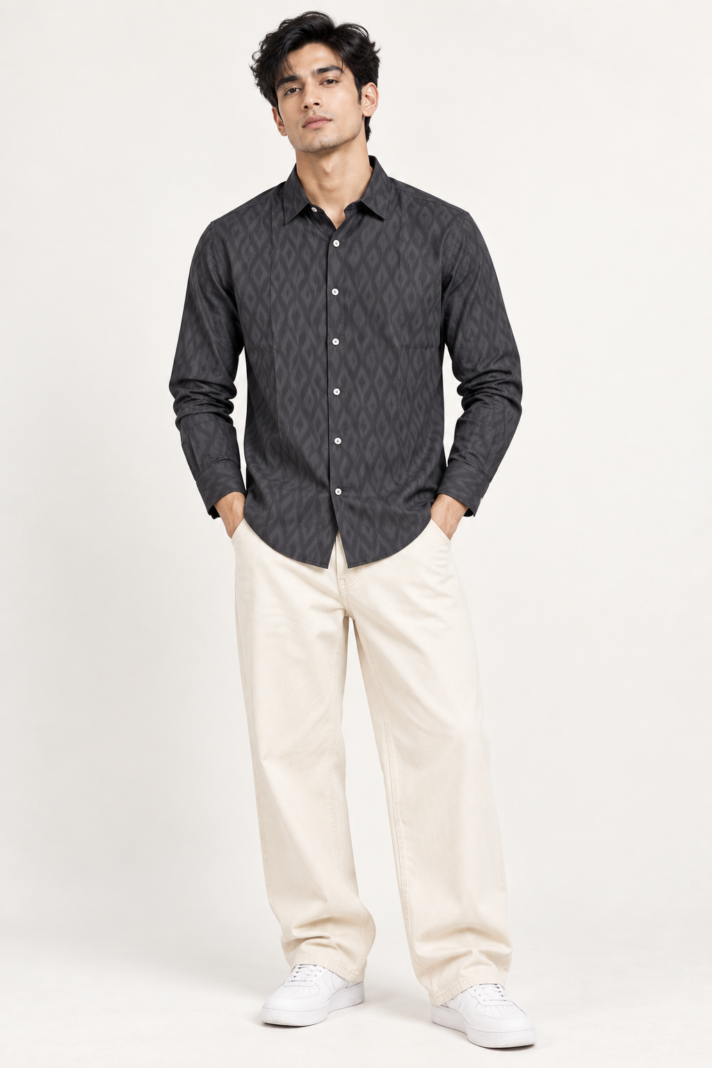 SALLT Men's Greyish Black Contemporary Pattern Cotton Shirt - Full Sleeves - Slim Fit