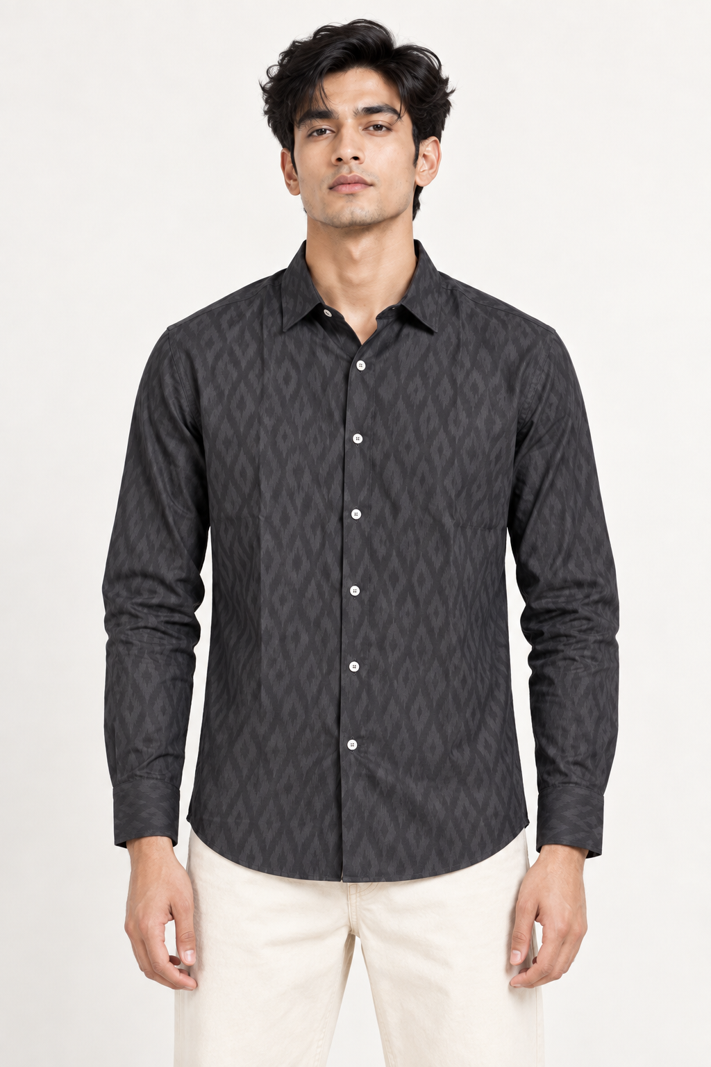 SALLT Men's Greyish Black Contemporary Pattern Cotton Shirt - Full Sleeves - Slim Fit