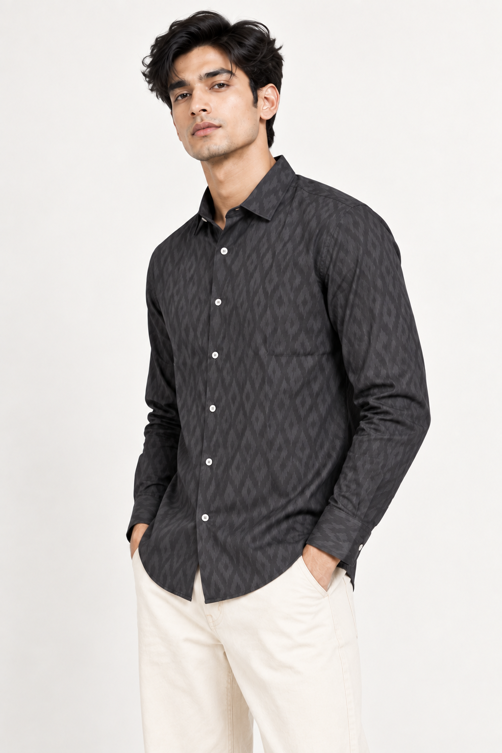 SALLT Men's Greyish Black Contemporary Pattern Cotton Shirt - Full Sleeves - Slim Fit