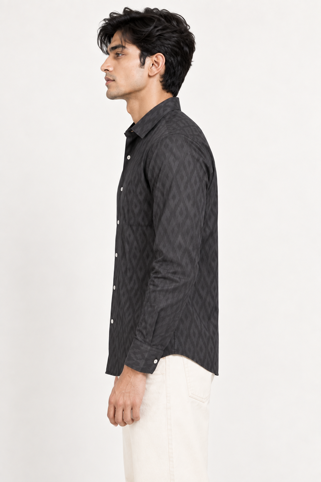 SALLT Men's Greyish Black Contemporary Pattern Cotton Shirt - Full Sleeves - Slim Fit
