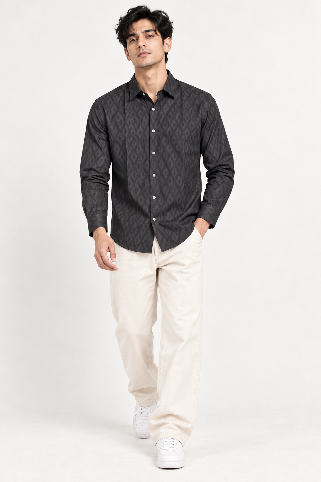 SALLT Men's Greyish Black Contemporary Pattern Cotton Shirt - Full Sleeves - Slim Fit