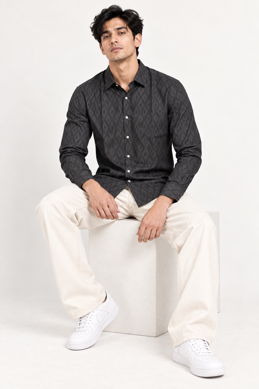 SALLT Men's Greyish Black Contemporary Pattern Cotton Shirt - Full Sleeves - Slim Fit