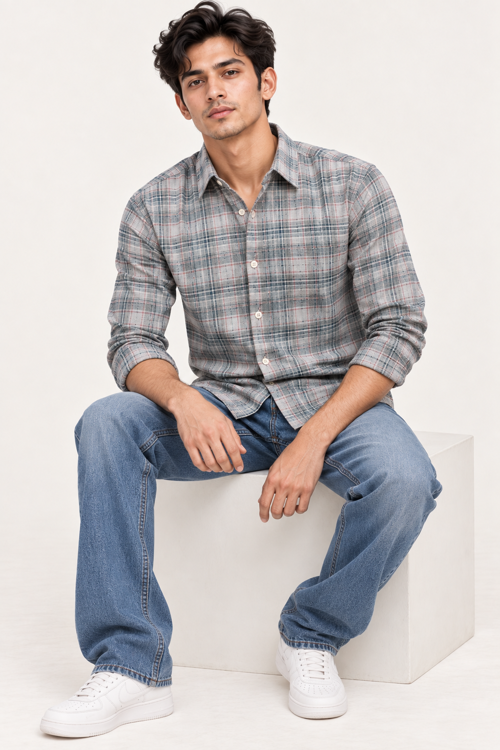 SALLT Men's Blue Textured Cotton Premium Shirt - Full Sleeves - Slim Fit