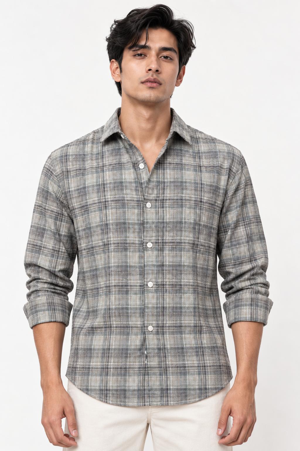 SALLT Men's Grey Textured Cotton Premium Shirt - Full Sleeves - Slim Fit