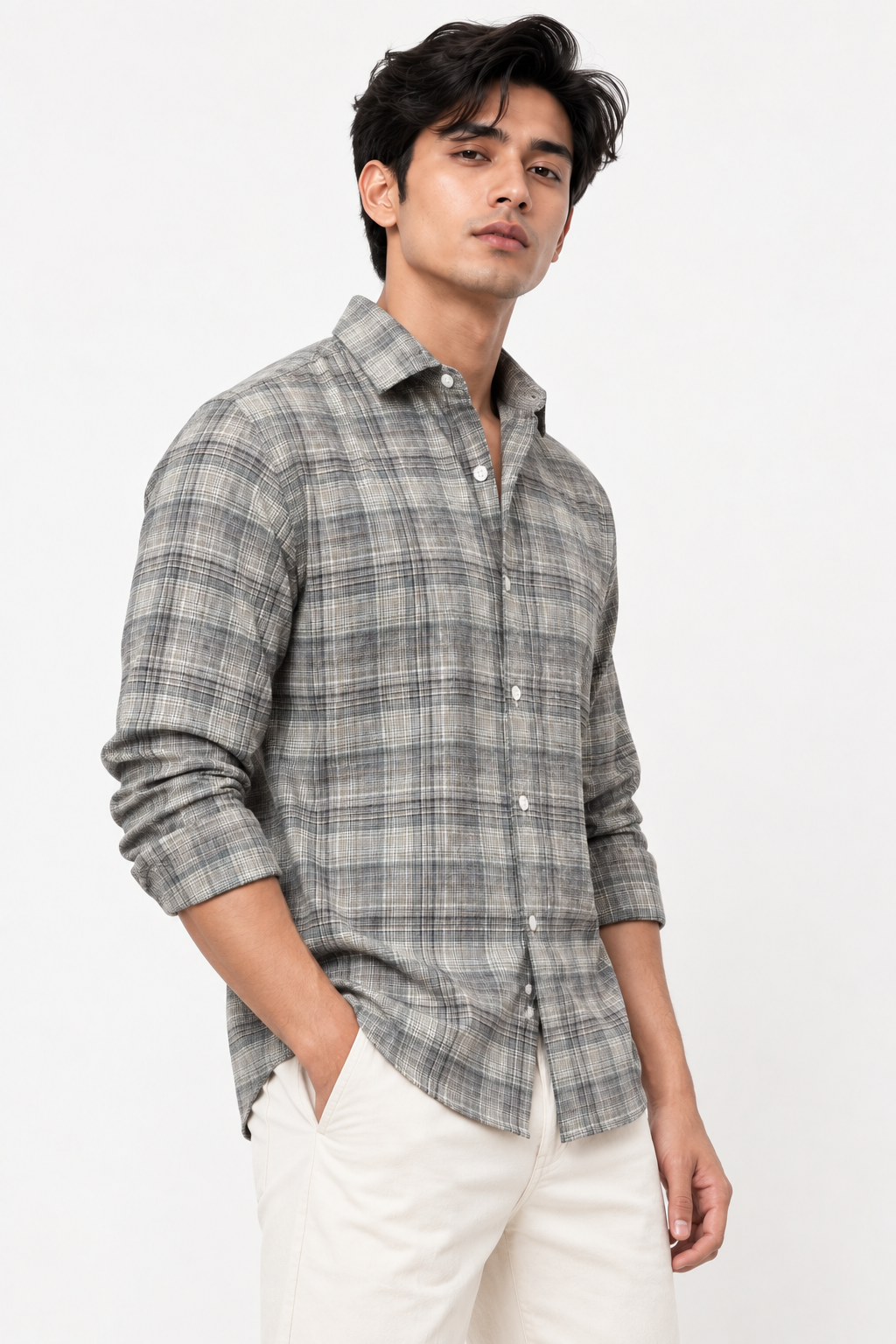 SALLT Men's Grey Textured Cotton Premium Shirt - Full Sleeves - Slim Fit