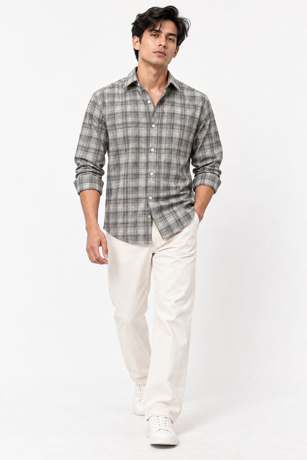 SALLT Men's Grey Textured Cotton Premium Shirt - Full Sleeves - Slim Fit