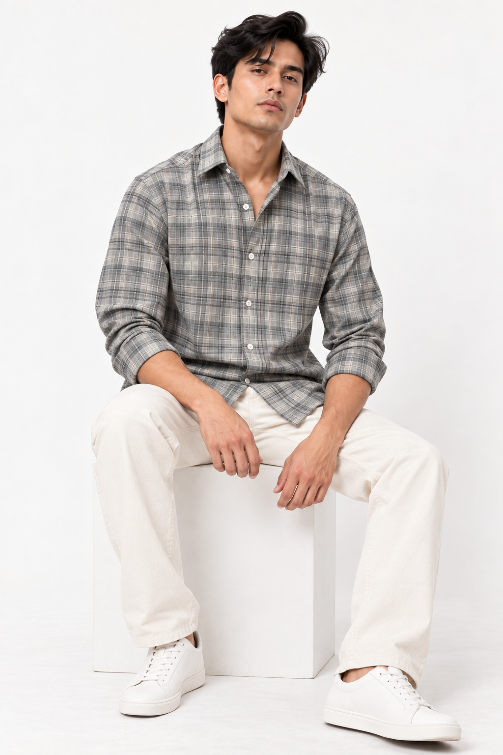 SALLT Men's Grey Textured Cotton Premium Shirt - Full Sleeves - Slim Fit
