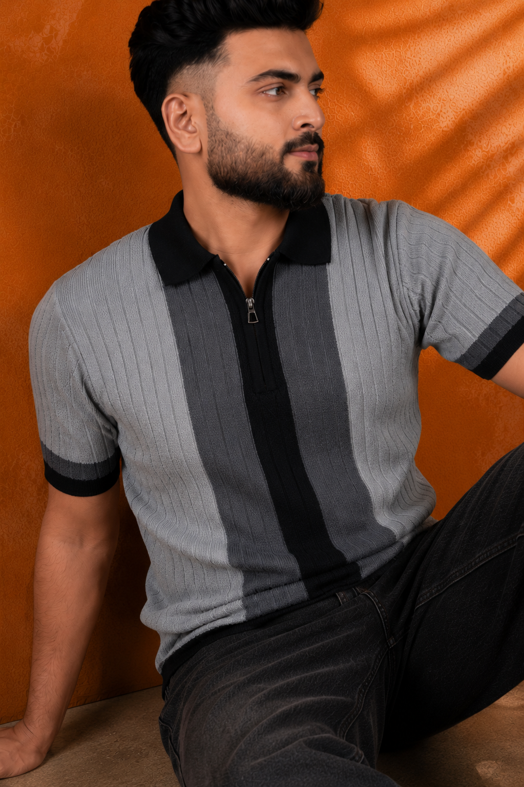 SALLT Black Knitted Polo Cotton Shirt - Regular Fit