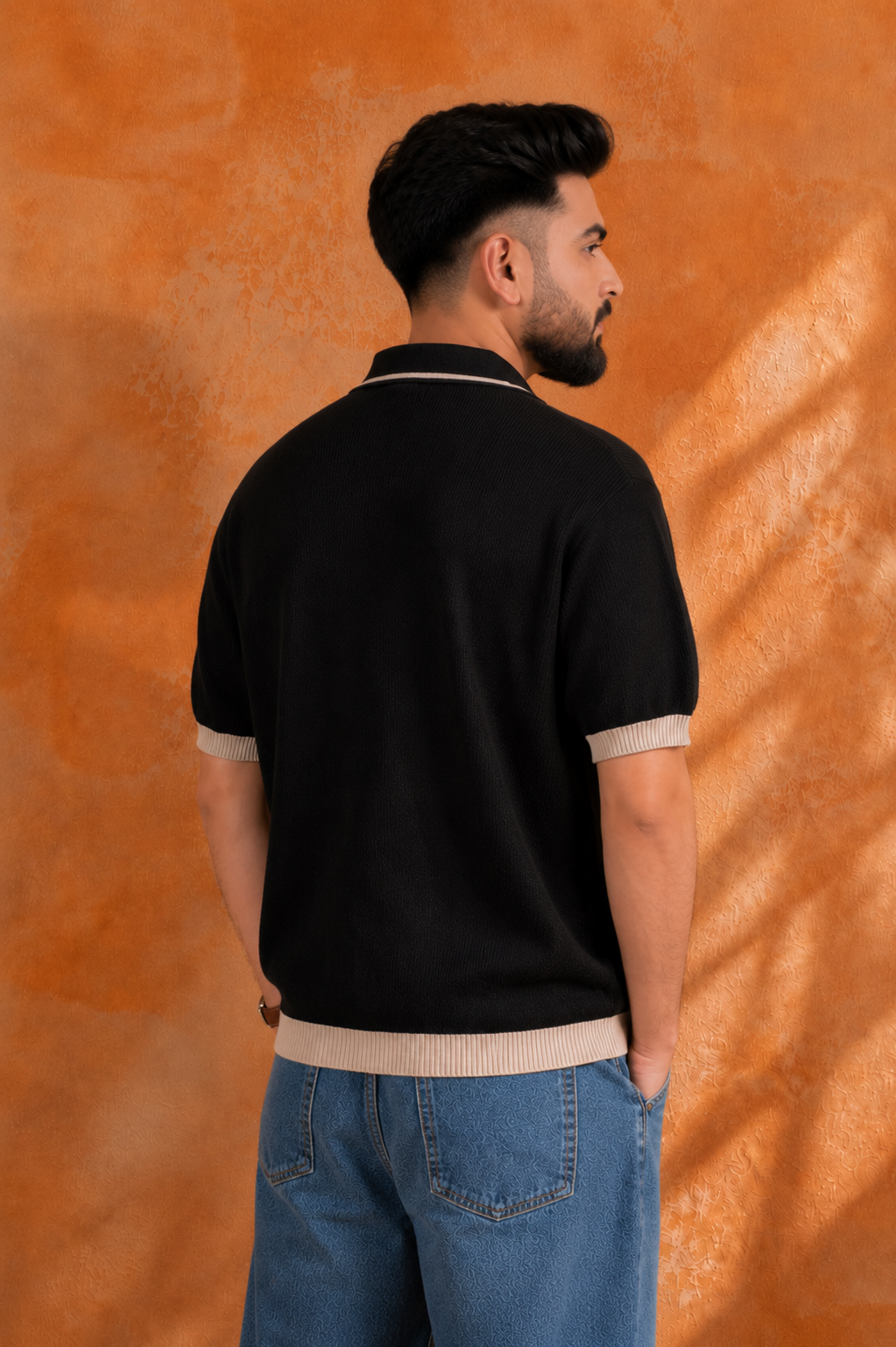 SALLT Black Knitted Polo Cotton Shirt - Relaxed Fit