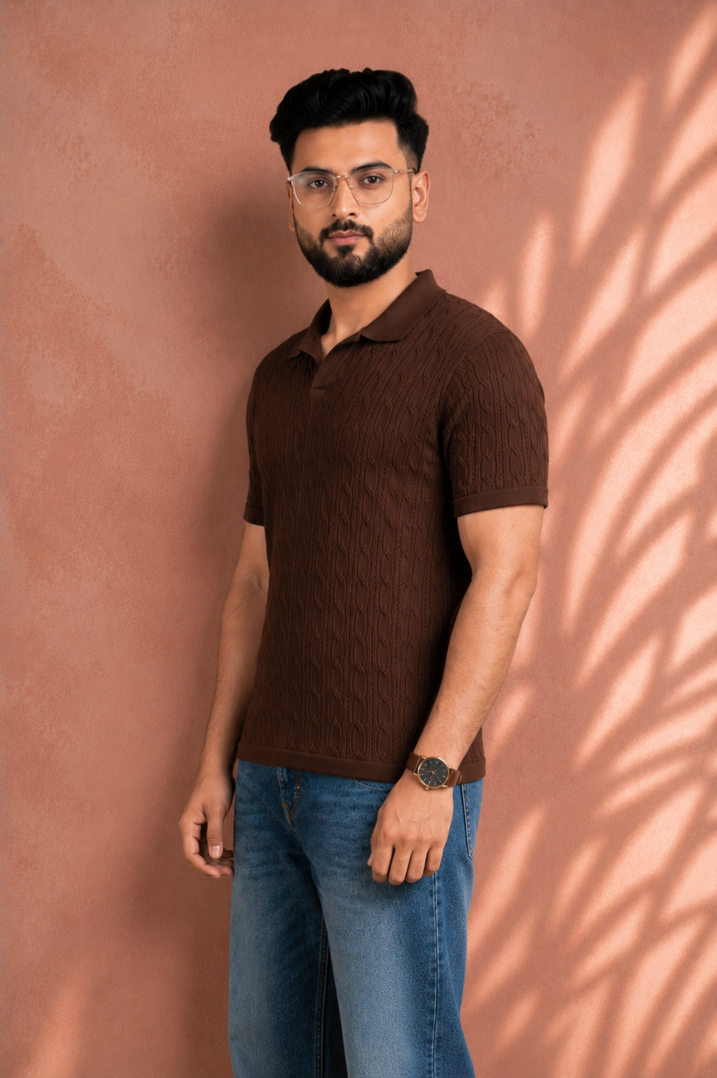 SALLT Brown Knitted Polo Cotton Shirt - Regular Fit