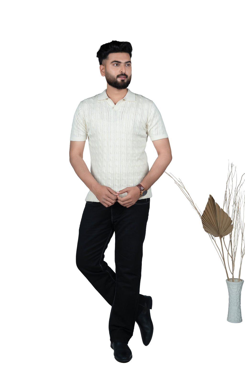 SALLT Cream Knitted Polo Cotton Shirt - Regular Fit