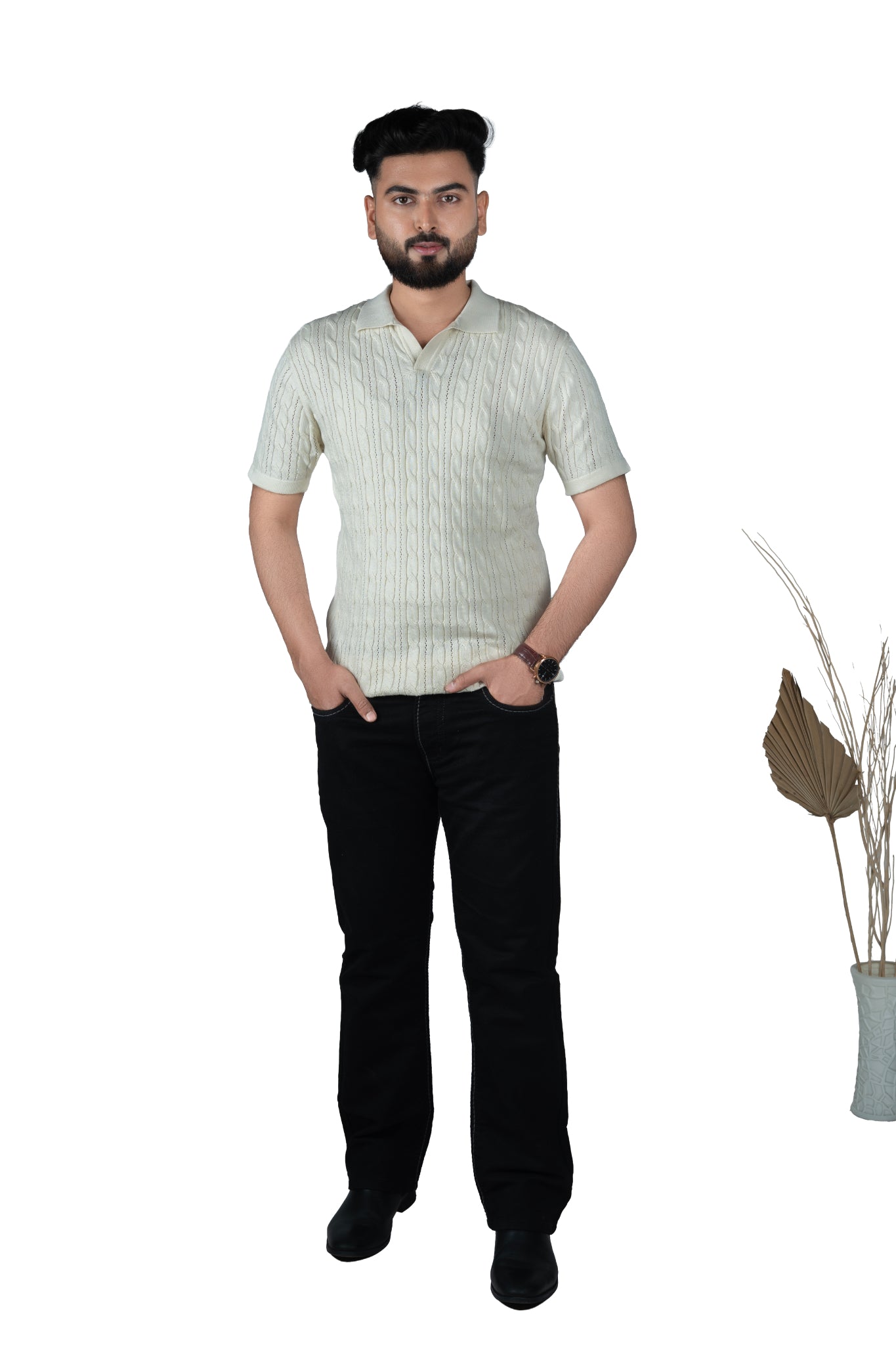 SALLT Cream Knitted Polo Cotton Shirt - Regular Fit