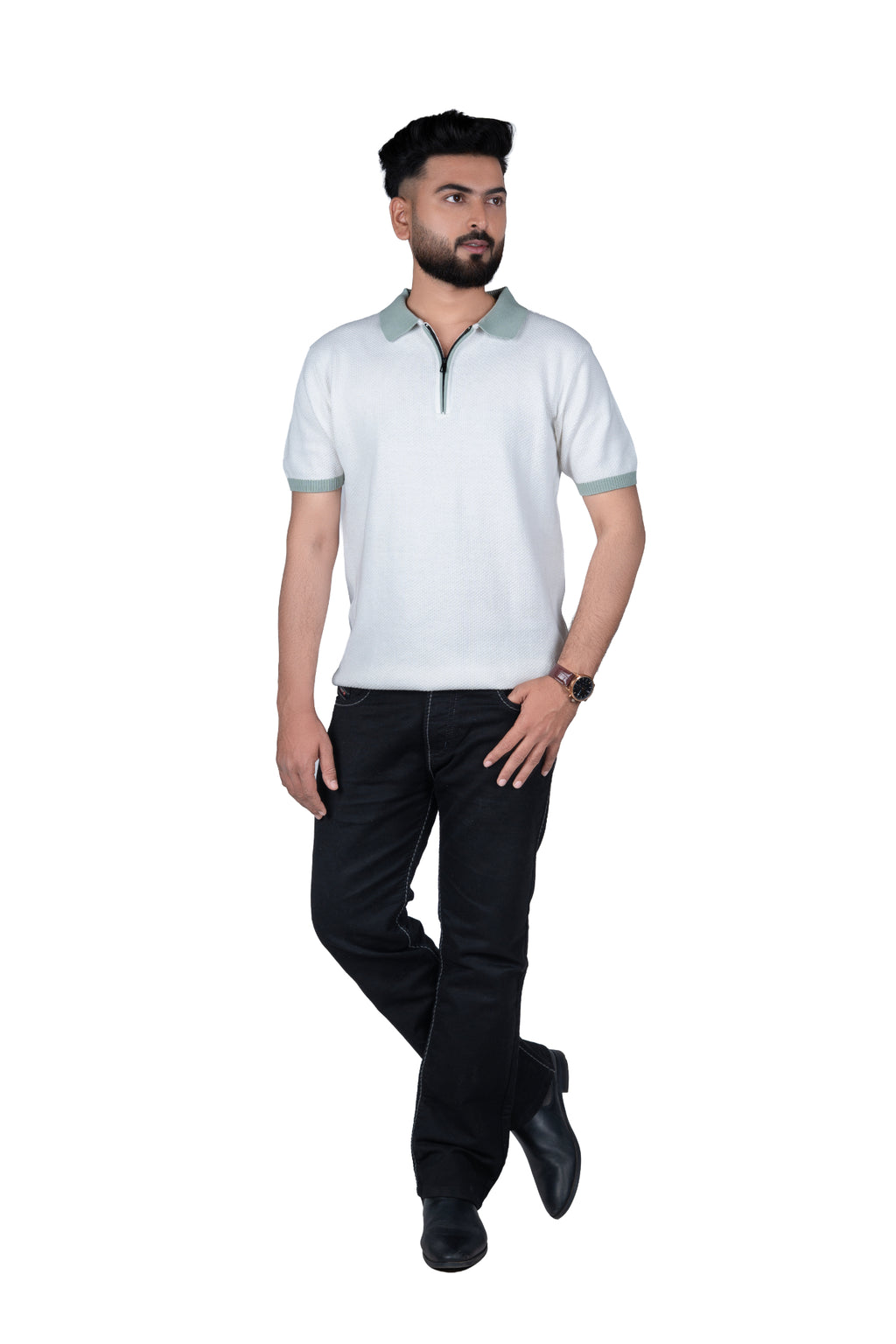 SALLT White Knitted Polo Cotton Shirt - Regular Fit