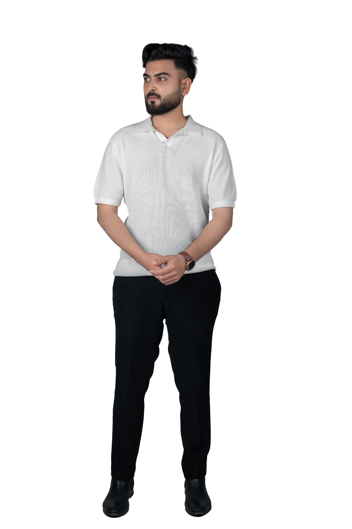 SALLT White Knitted Polo Cotton Shirt - Relaxed Fit