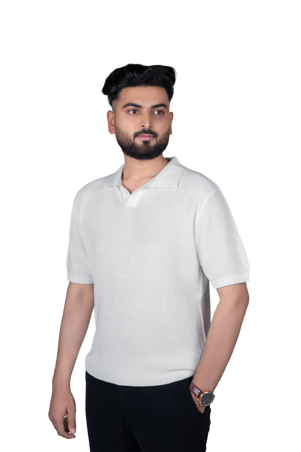 SALLT White Knitted Polo Cotton Shirt - Relaxed Fit