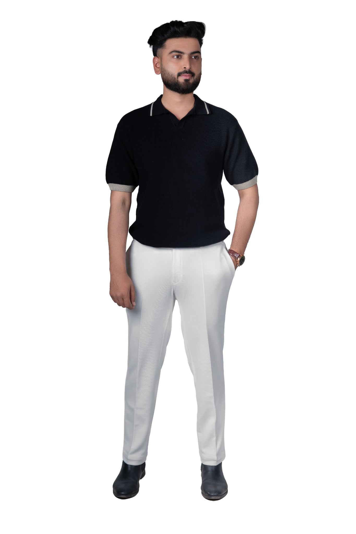 SALLT Black Knitted Polo Cotton Shirt - Relaxed Fit