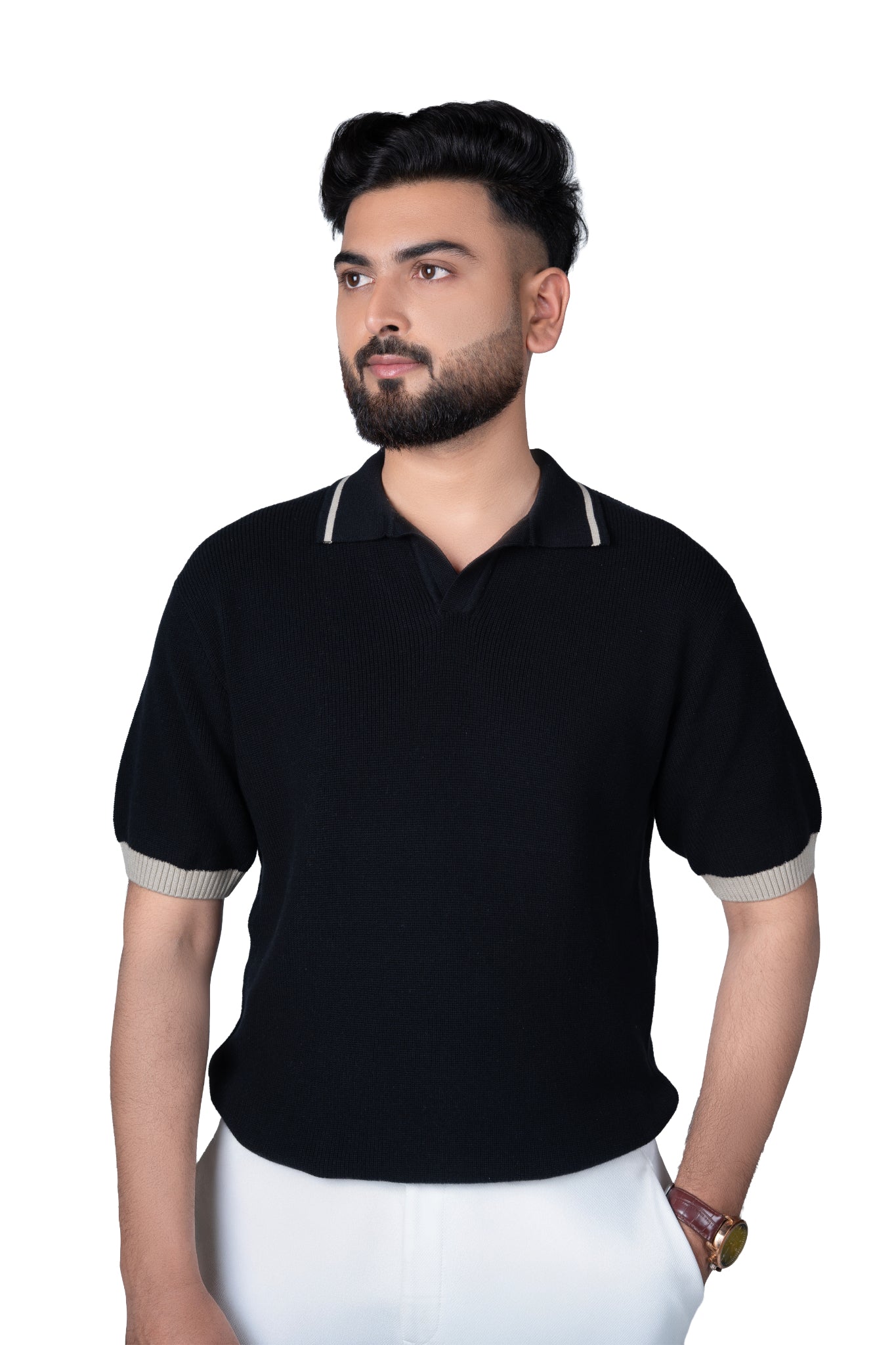 SALLT Black Knitted Polo Cotton Shirt - Relaxed Fit